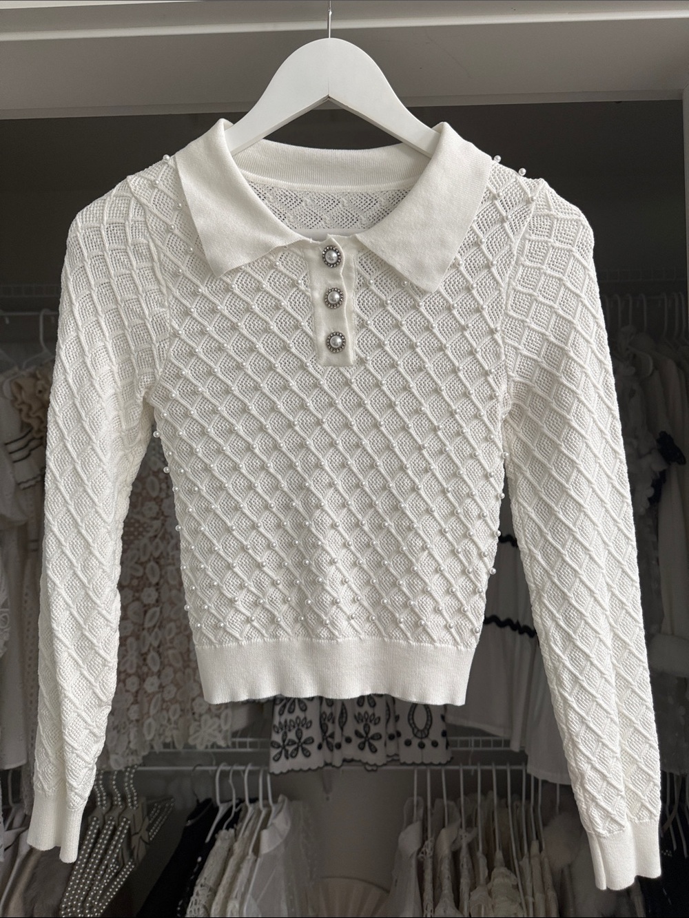 TEXTURED Off-White Pearl-Button Knit Polo Sweater XXS XS